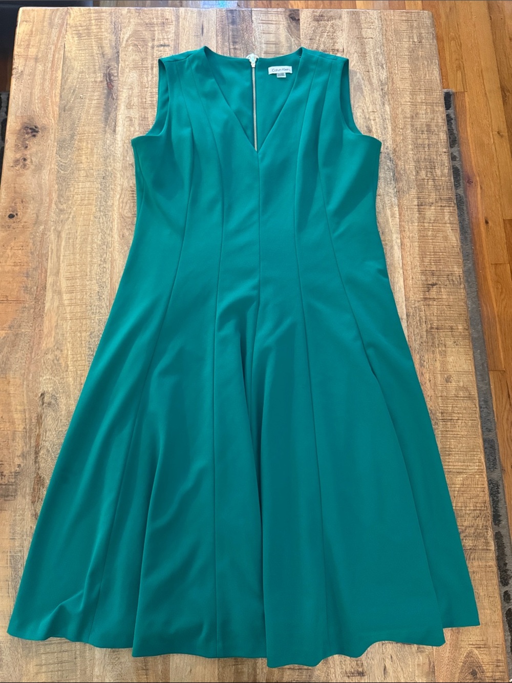 Calvin Klein Forest Green V-Neck Sleeveless Fit-and-Flare Midi Dress EUC 16